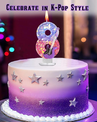 K-Pop Birthday Candle – Purple & Pink Glitter Music Theme Cake Candle with Guitar, Musical Party Decor for Girls, Teens, Kpop Fans (8)