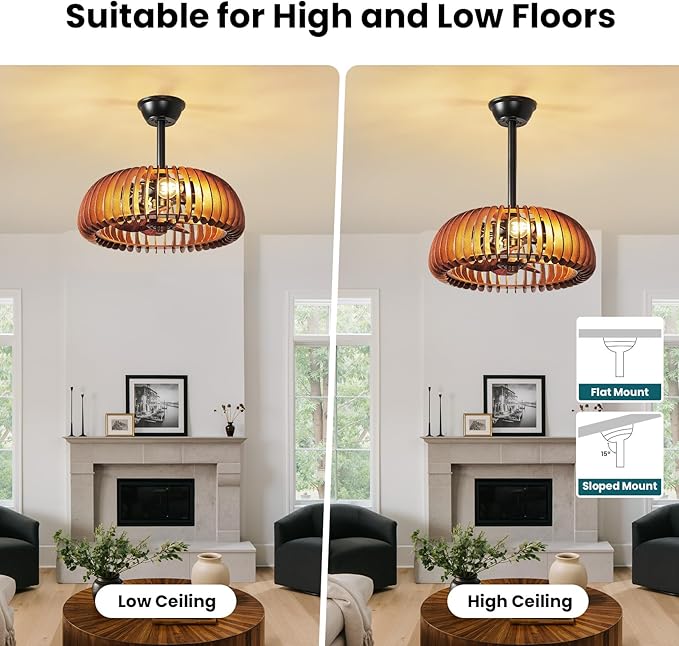 20'' Caged Ceiling Fan with Light, Wooden Low Profile Ceiling Fan with Light and Remote, 6 Speed and Reversible, Farmhouse Fandelier Bladeless Fan Lights for Bedroom, Kitchen