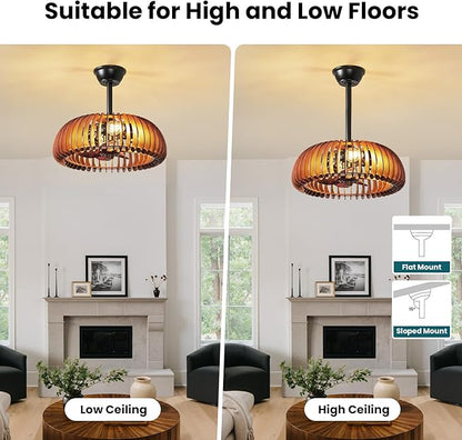 20'' Caged Ceiling Fan with Light, Wooden Low Profile Ceiling Fan with Light and Remote, 6 Speed and Reversible, Farmhouse Fandelier Bladeless Fan Lights for Bedroom, Kitchen