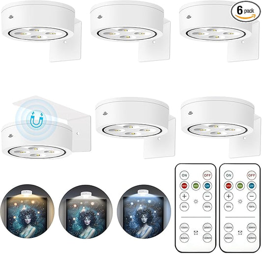6Pcs Picture Light Battery Operated, Magnetic Led Painting Light with Remote Dimmable and Timer, 3 Lighting Modes Art Display Light for Picture Frame Paintings, Wireless Wall Decor Puck Lights