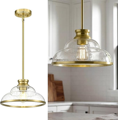 kudos Gold Pendant Lights Kitchen Island, 11" Brass Kitchen Island Lighting with Seeded Glass, Farmhouse Pendant Light fixtures for Kitchen Sink Dining Room Hallways, KDPL14-GD