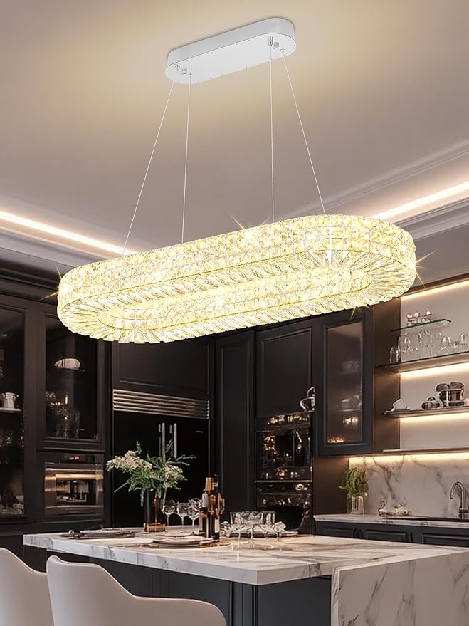 ykolupty Modern Crystal Chandelier, Dia 40" Rectangular Chandelier for Dining Room,Chrome Rectangle Crystal Ceiling Light Luxury Oval Chandeliers for Living Room Kitchen Island