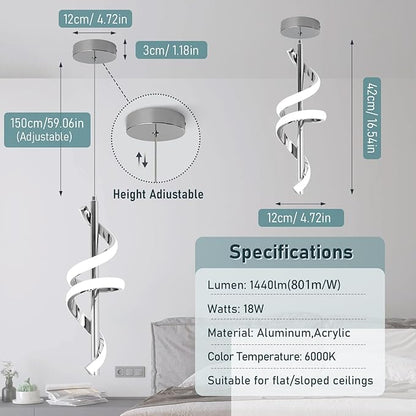 Spiral Led Pendant Light Fixtures, 5500K Cold White Modern Led Pendant Lamp Kitchen Island, Adjustable Height Kitchen Island Lights Fixtures for Dining Room Kitchen Bedroom Cafe, 3 Packs