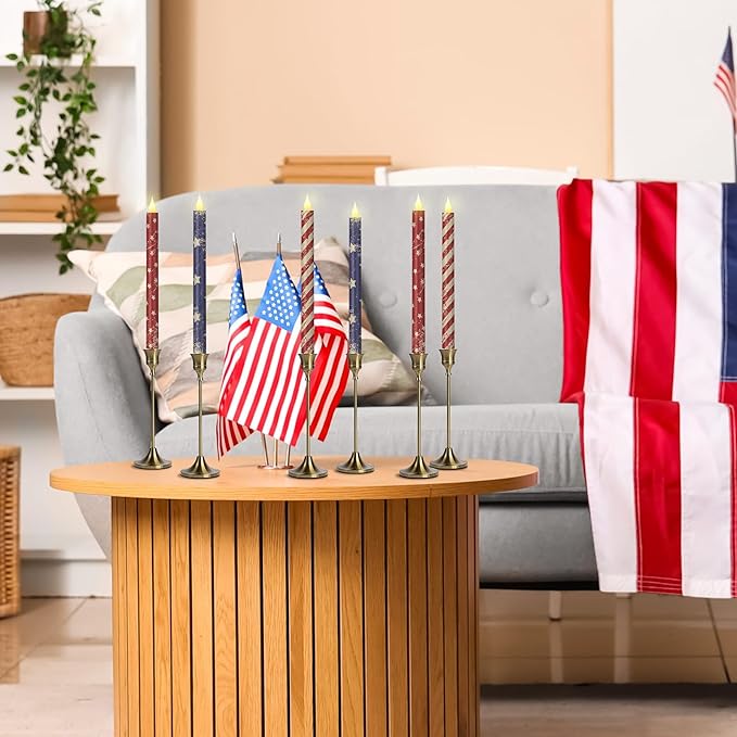 Honoson 6 Pcs 4th of July Taper Candles 10.6 Inch Patriotic Flameless Candles Battery Operated Red White and Blue LED Candlesticks for Independence Day Dinner Table Home Party Decoration