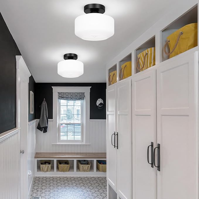 Lynnoland Industrial Semi Flush Mount Ceiling Light, Milky White Glass Shade Ceiling Light Fixture, Black Light Fixture for Hallway Bathroom Bedroom, Vintage Hanging Light Fixtures