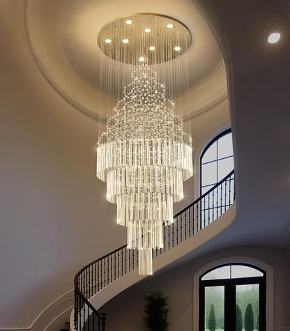 HAIXIANG W24 x H78 Crystal Glam Chandelier Long Light Chandeliers with Dimmable Light Bulbs High Ceiling Light Fixtures for Foyer Entryway Living Room Stair Gold