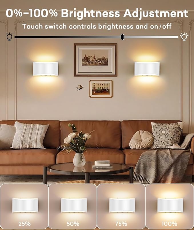Lightess Modern LED Wall Sconce, Hardwired Indoor Wall Lights Set of 2, 3000K Up and Down Wall Mount Lamp, White Sconces Wall Lighting for Living Room Bedroom Hallway Corridor, Dimmable, Warm White