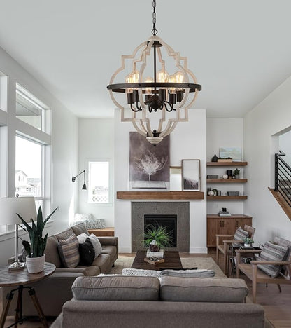 MEIXISUE Farmhouse Rustic Chandelier,ORB+Oak Finish,6-Light Vintage Antique Chandeliers Pendant Light Fixture for Kitchen Dining Room Living Room Entryway Foyer UL Listed