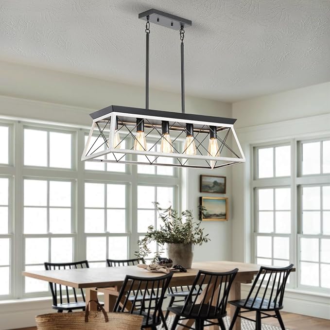 5-Light Farmhouse Chandeliers for Dining Room, Rustic Kitchen Island Lighting, Adjustable Height Pendant Light for Kitchen, Dining Room Table White