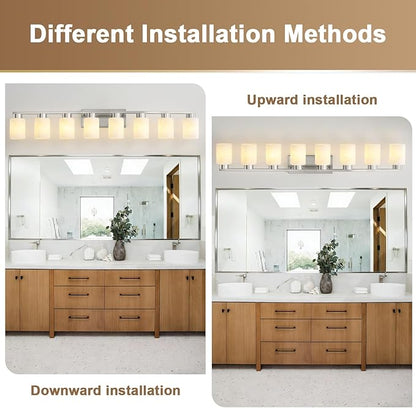 8-Light Bathroom Light Fixtures, Modern Vanity Lights, Brushed Nickel Metal Wall Lamp with White Marble Glass for Bathroom, Mirror, Living Room, Bedroom, Cabinet, Porch, Hallway, E26 Base