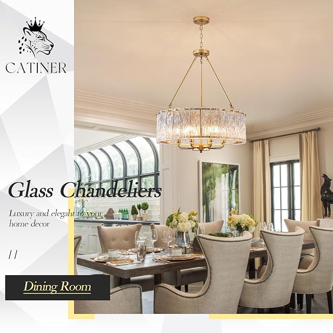 CATINER Gold Drum Chandelier 24.4" Modern Crystal Glass Chandeliers Luxury 8-Light Pendant Ceiling Chandelier Lighting for Dining Room Foyer Living Room Bedroom