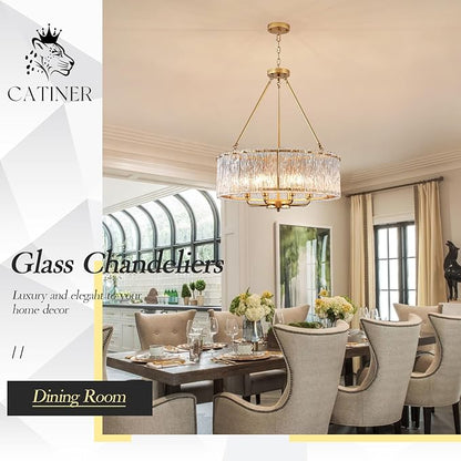 CATINER Gold Drum Chandelier 24.4" Modern Crystal Glass Chandeliers Luxury 8-Light Pendant Ceiling Chandelier Lighting for Dining Room Foyer Living Room Bedroom