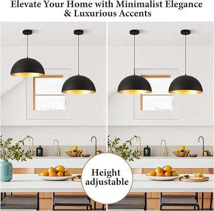 Farmhouse Pendant Light Fixtures,12" Pendant Lights Kitchen Island, Black and Gold Industrial Hanging Ceiling Light for Kitchen Foyer Cafe Dining Room Sink,2 Pack