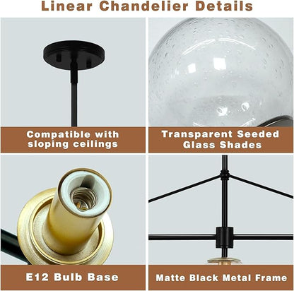 Linear Chandelier for Dining Room 39 Inch Kitchen Island Chandelier Black and Gold Modern 5 Lights Seeded Glass Globe Linear Pendant Light for Farmhouse, Living Room