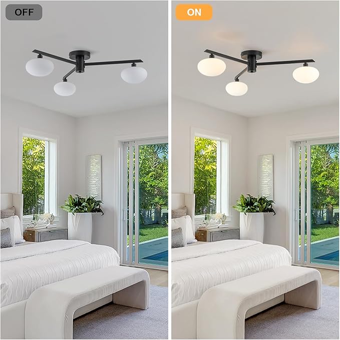 3-Light Mid Century Modern Ceiling Light 22.5" Black Semi Flush Mount Ceiling Light with Milk Glass Shade for Bedroom, Entryway, Hallway, Kitchen lsland, Dining Room & Living Room