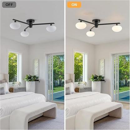 3-Light Mid Century Modern Ceiling Light 22.5" Black Semi Flush Mount Ceiling Light with Milk Glass Shade for Bedroom, Entryway, Hallway, Kitchen lsland, Dining Room & Living Room