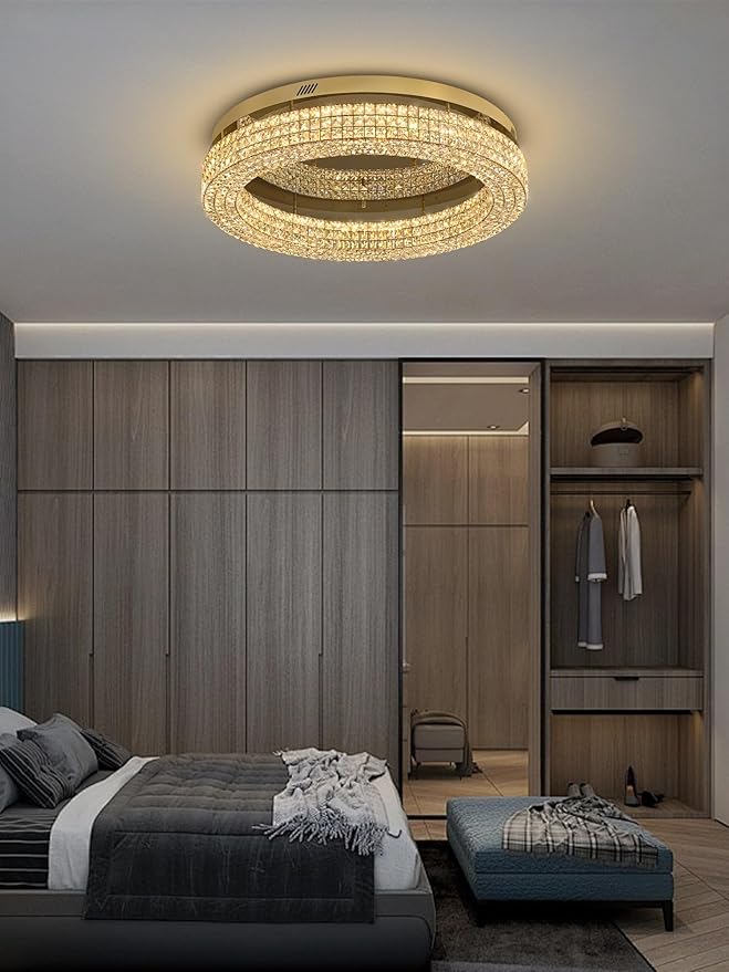 ykolupty 32'' Modern Chandeliers for Living Room Crystal Chandelier Flush Mount Ceiling Light Fixture for Dining Room Living Room Bedroom Dimmable 2700-6000K (Gold Chandelier)