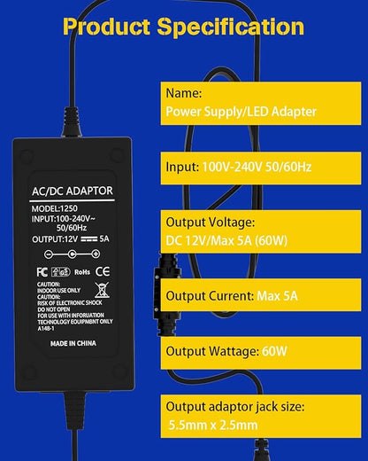 DUOFU365 12V 5A Power Supply Adapter Converter 5A Transformer 100V -240V AC to 12V DC for LED Strip Light LCD Monitor DVR NVR Security Cameras System CCTV Accessories