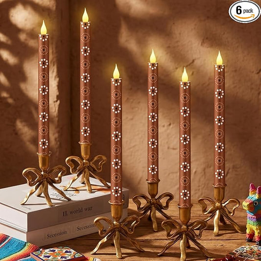 Honoson 6 Pcs Cielito Lindo Party Decorations Mexican Flameless Taper Candle 10.6 Inch Terracotta LED Candles Battery Operated Candlestick for Mexican Barro Home Cinco De Mayo Party Table Decor Gift
