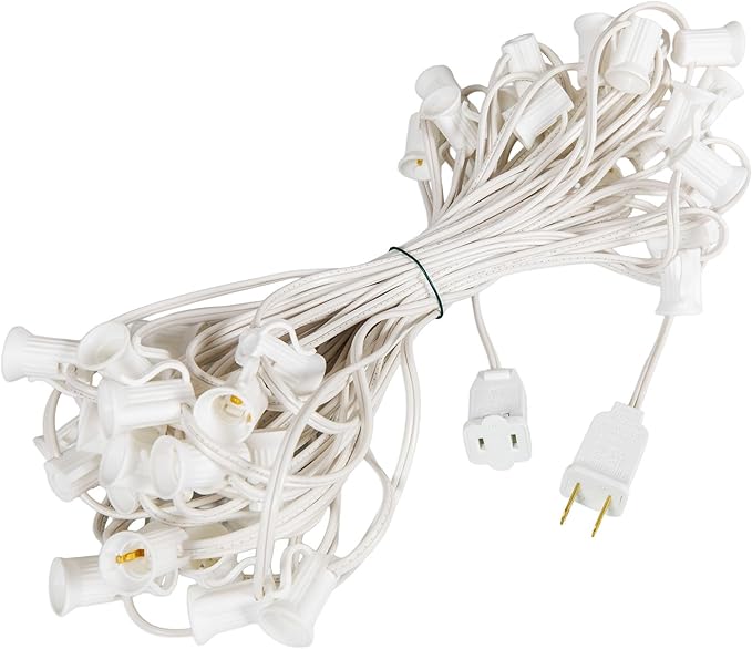 Novelty Lights 50 Foot String Light Set - Indoor/Outdoor Stringer Set for Christmas, Wedding Decor, Patios, & More - C7/E12 Intermediate Base (White Wire, 12" Spacing)