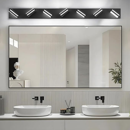 IZORRO LED Modern Bathroom Lights Fixtures(7-Light,Dimmable,360°Rotate),Matte Black Acrylic Wall Lighting,Vanity Lights for Bathroom Over Mirror - 6000k 40In （No Assembly Required）