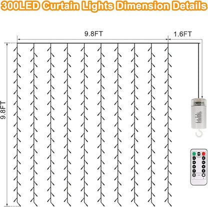 Battery Operated Curtain Lights,9.8ft×9.8ft 300 LED Curtain Lights with Remote Timer 8 Modes, Waterproof Hanging Fairy Lights for Outdoor Indoor Wedding Christmas Decor (Warm White)