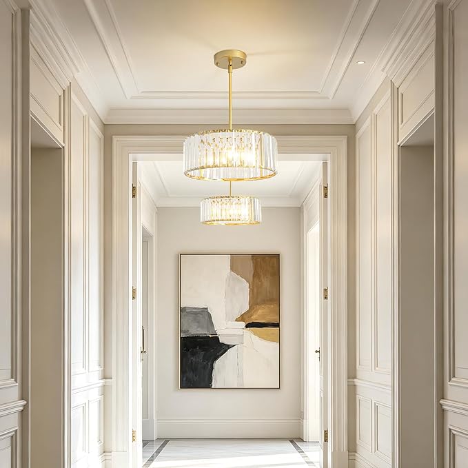Small Gold Crystal Chandelier,Modern Dining Room Light Fixture Over Table,3-Ligh Round Kitchen Hallway Lighting Fixture, Semi Flush Mount Ceiling Pendant Light for Entryway Foyer, 12''