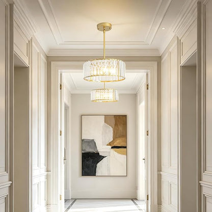 Small Gold Crystal Chandelier,Modern Dining Room Light Fixture Over Table,3-Ligh Round Kitchen Hallway Lighting Fixture, Semi Flush Mount Ceiling Pendant Light for Entryway Foyer, 12''