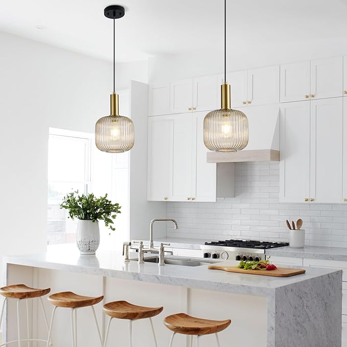 8 Inch Amber Glass Pendant Lights Small Modern Chandelier Pendant Lighting Mid Century Hanging Lights Adjustable Kitchen Island Light for Dining Room Bedroom Hallway