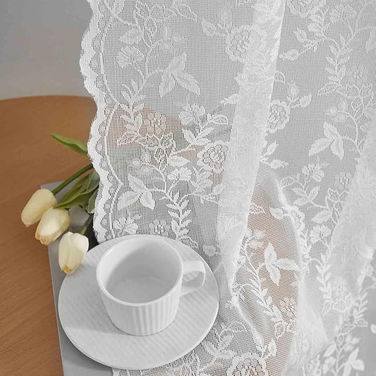 FINECITY White Lace Curtains 63 Inch Length for Bedroom, Rustic Leaf Floral Design Lace Curtain Panels, Rod Pocket Farmhouse Privacy Sheer Lace Curtains, 42 x 63 Inch, 2 Panels, White