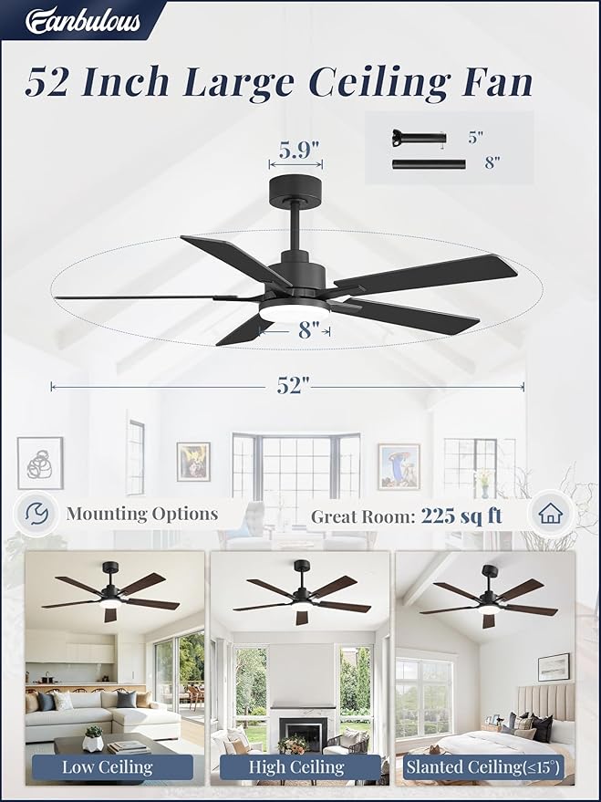 52 Inch Ceiling Fan with Light and Remote, 6 Speeds Reversible DC Motor Ceiling Fans for Bedroom Living Room Patio, 3CCT Dimmable LED, 5 Wood Blades, Downrod Mount, Sloped Ceiling Compatible