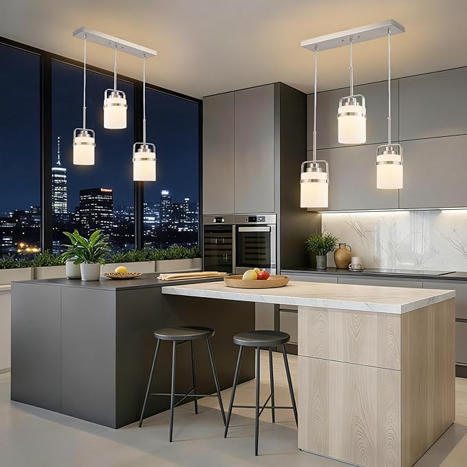 Brushed Nickel 3-Light Pendant Lighting, Adjustable Hanging Light Fixture with Milk Glass Shade, Modern Pendant Light for Kitchen Island Dining Room Bar Over Sink/Table/Counter