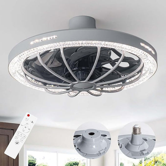 Socket Fan Light with Remote, 13 inch Socket Ceiling Fan with Dimmable Led Light, 3 Colors 3000K-6500K, 3 Speeds, Flush Mount Ceiling Fans with Lights for Bedroom, Kitchen, Living Room-Gery