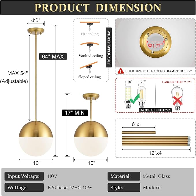 10in Glass Gold Pendant Light Globe Mid Century Modern Kitchen Island Pendant Lighting Brass Frosted Glass Hanging Light Fixtures Milky White Ball Pendant Lights for Dining Room Entry Bathroom