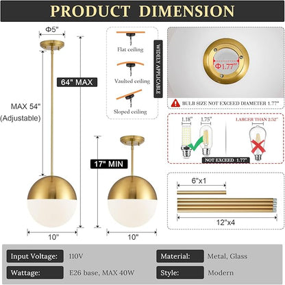 10in Glass Gold Pendant Light Globe Mid Century Modern Kitchen Island Pendant Lighting Brass Frosted Glass Hanging Light Fixtures Milky White Ball Pendant Lights for Dining Room Entry Bathroom
