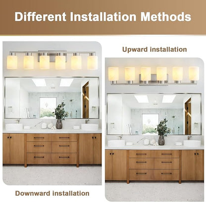 6-Light Bathroom Light Fixtures, Modern Vanity Lights, Brushed Nickel Metal Wall Lamp with White Marble Glass for Bathroom, Mirror, Living Room, Bedroom, Cabinet, Porch, Hallway, E26 Base