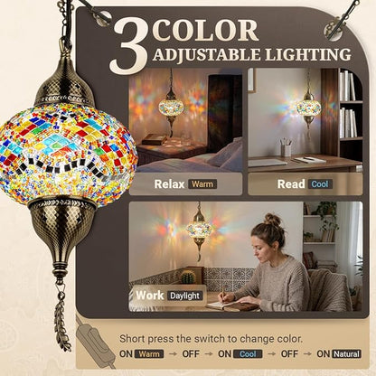Turkish Moroccan Mosaic Pendant Light - Handcrafted Tiffany Style Swag Lamp with 15ft Cord, Vintage Glass Ceiling Fixture for Mediterranean Decor (Multicolor1)