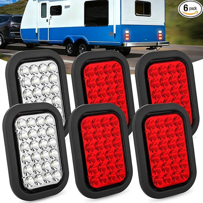 Nilight 5” X 3” Rectangular Trailer Tail Light 4 PCS White Red 24LED Brake Turn Signal Reverse Lights w/Flush Mount Grommets Plugs IP67 Waterproof for 12V Truck ATV UTV Bus RV Camper