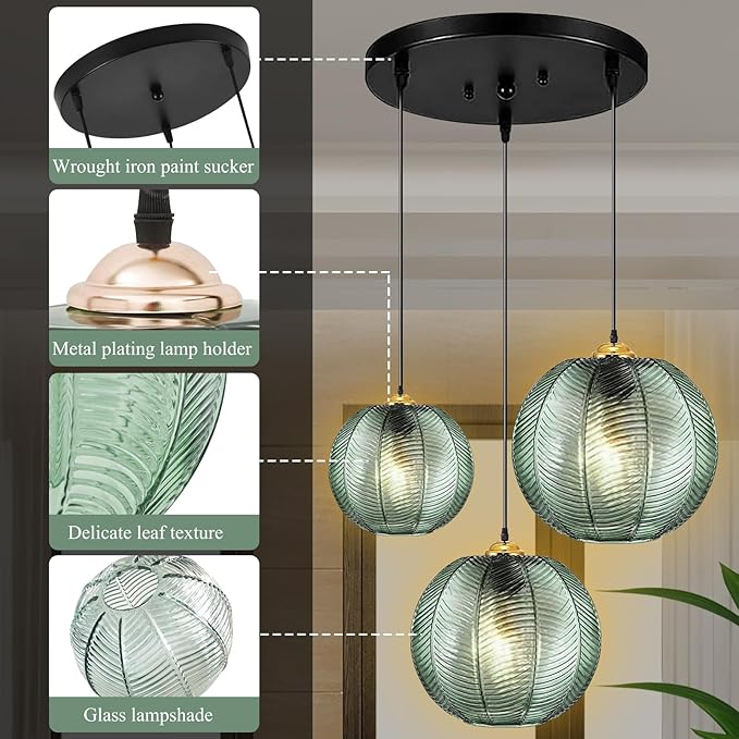 Green Pendant Light, 3 IN 1 Large Glass Pendant Light Fixtures E26 E27 Mid Century Modern Chandelier Ribbed Blown Glass Globe Shade Hanging Light Ceiling Light for Living Room Restaurant Bar,Blue