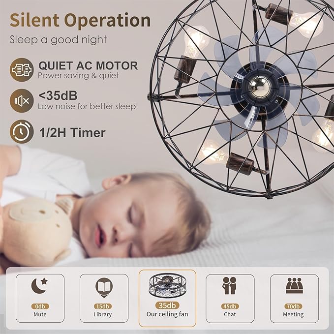 20" Farmhouse Flush Mount Caged Ceiling Fans with Lights, Rustic Low Profile Ceiling Fan with Remote, Quiet Reversible DC Motor Small Bladeless Enclosed Ceiling Fan for Bedroom Dining Room Kitchen