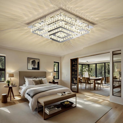 34" Large Crystal Chandelier with Remote/APP Control, 3 Color Temperature Light Fixture & Brightness Adjustable, Modern Flush Mount LED Ceiling Light Fixture for LivingRoom Kitchen Hallway Dining Room