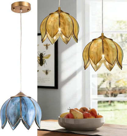 Brass Glass Ceiling Pendant Light, Hanging Chain lamp, with Vintage Lotus Flower Glass Shade for Kitchen Island Dining Room Bedroom Living Room-9.25" Stained Glass Shade