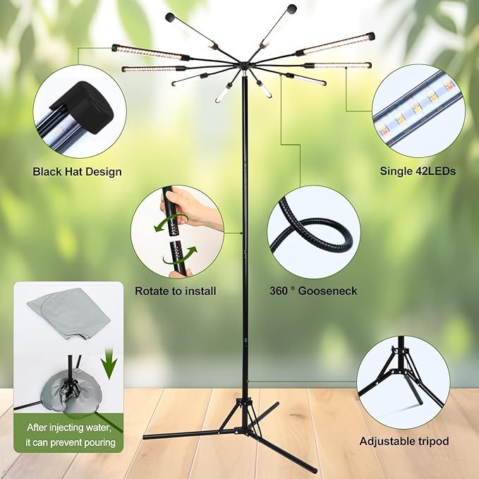 FECiDA 2026 8Head Grow Lights with Upgraded Stand, Big Coverage Grow Lights for Indoor Large Plants, Bonsai Tree, 4/8/12/16/20 Hr Timer, 72 Watt Power Draw, NO Need Adapter, 24"-76" Height Adjustable