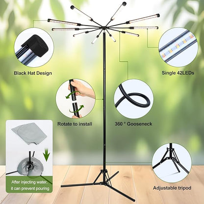 FECiDA 2026 8Head Grow Lights with Upgraded Stand, Big Coverage Grow Lights for Indoor Large Plants, Bonsai Tree, 4/8/12/16/20 Hr Timer, 72 Watt Power Draw, NO Need Adapter, 24"-76" Height Adjustable