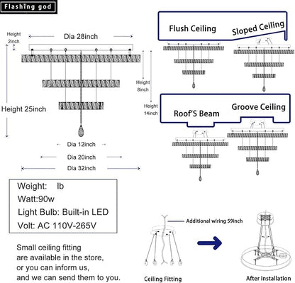 Flashing God Dia 32'' Modern Crystal Chandeliers for Living Room Crystal Flush Mount Ceiling Chandelier Large Chandeliers for Dining Room Bedroom Gold LED Dimmable 3000-6000K