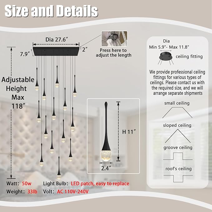 ykolupty Modern Rectangular Chandelier,14 Lights Black Raindrop Chandelier Lighting,Industrial Linear Pendant Ceiling Light Fixture for Dining Living Room Kitchen Island