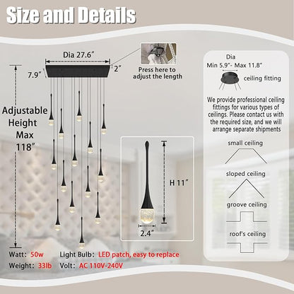 ykolupty Modern Rectangular Chandelier,14 Lights Black Raindrop Chandelier Lighting,Industrial Linear Pendant Ceiling Light Fixture for Dining Living Room Kitchen Island