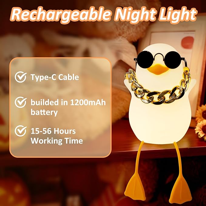 Anywin Duck Night Light for Kids, Cute Benson Ducks Gifts, Squishy Touch Silicone Animal Nursery Bedside Lamp Goose Gifts, Dimmer & Rechargeable, Birthday Gifts for Boys Girls Women Teen(Hip Hop Duck)
