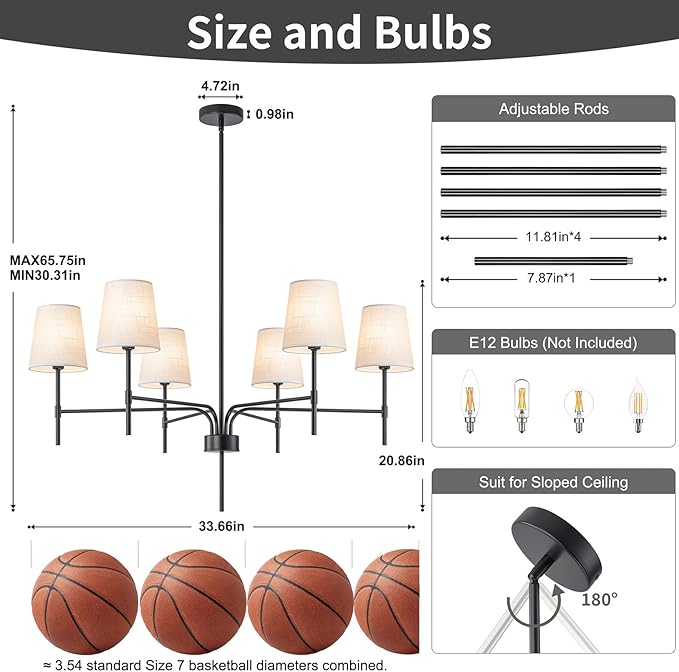 2026 New Black Chandeliers for Dining Room Light Fixture over Table, 34" 6-Light Classic Modern Farmhouse Black Chandelier with White Fabric Shade, Pendant Lighting for Kitchen Island Living Room