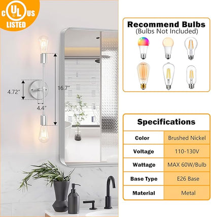 FadimiKoo 2-Light Brushed Nickel Bathroom Vanity Light, Silver Bathroom Wall Sconce Modern Wall Mounted Lamp Indoor Vintage Wall Sconces for Powder Room Hallway Cabinet (2 Pack)